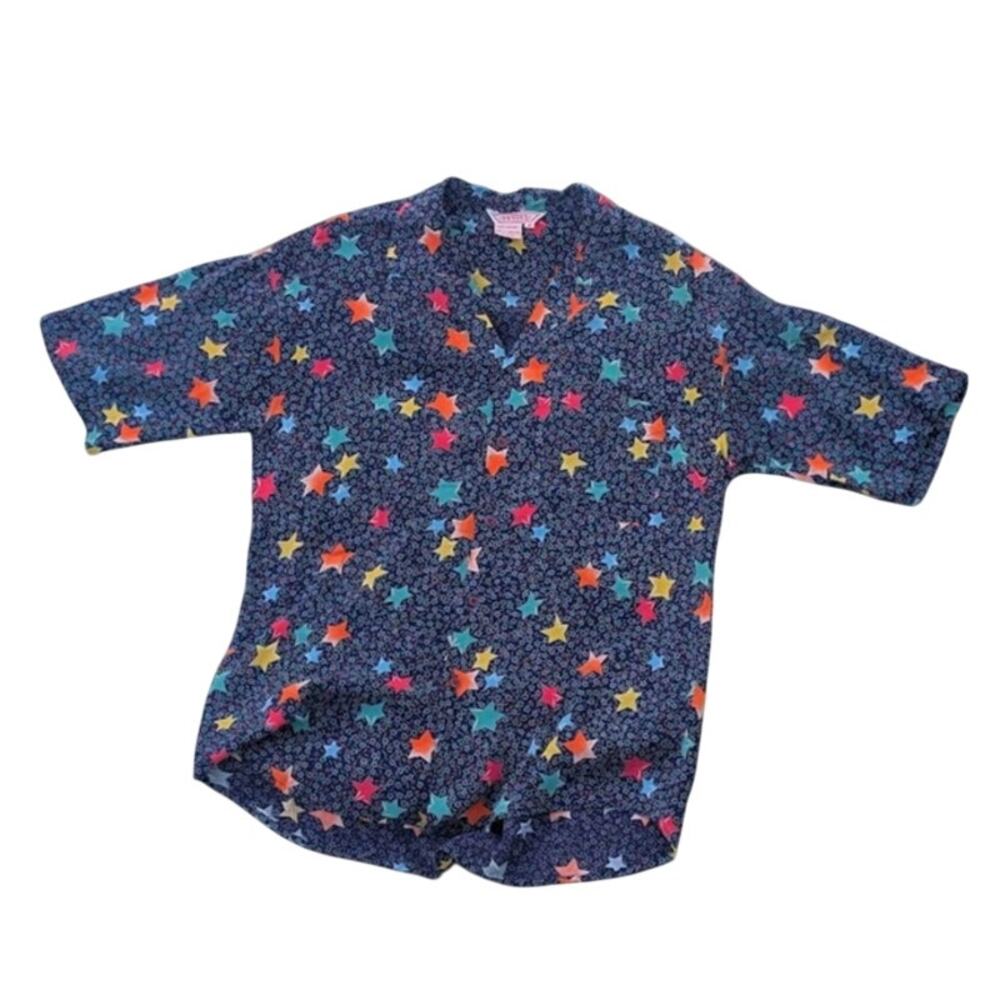 Oxygen Vintage Mens Short Sleeve Button Stars Colorful Navy Retro Pop Art Medium
